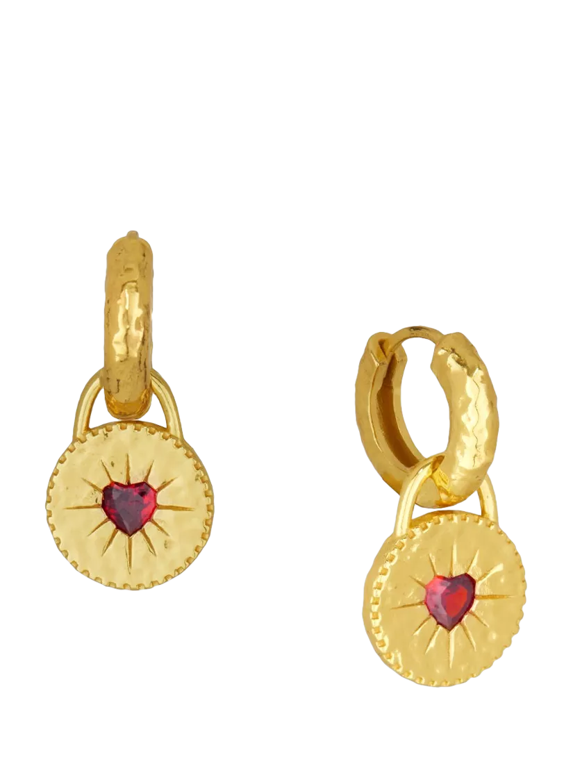 Ottoman Hands garnet heart huggie earrings gold, UK version