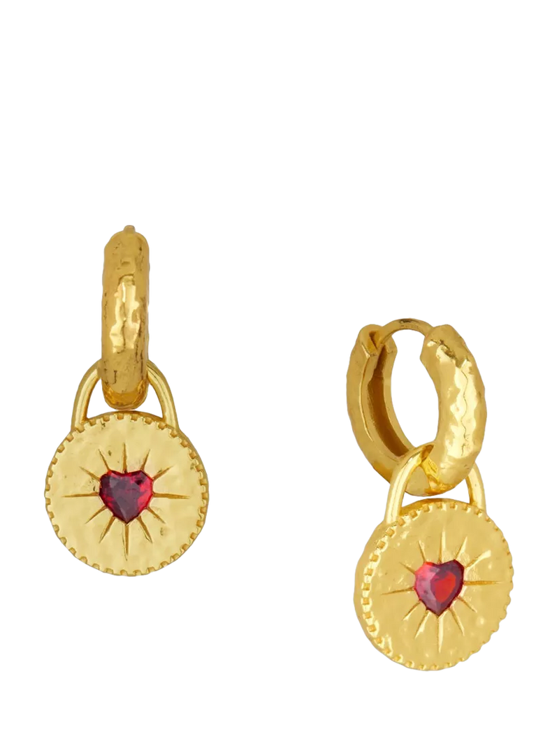 Ottoman Hands garnet heart huggie earrings gold, UK version