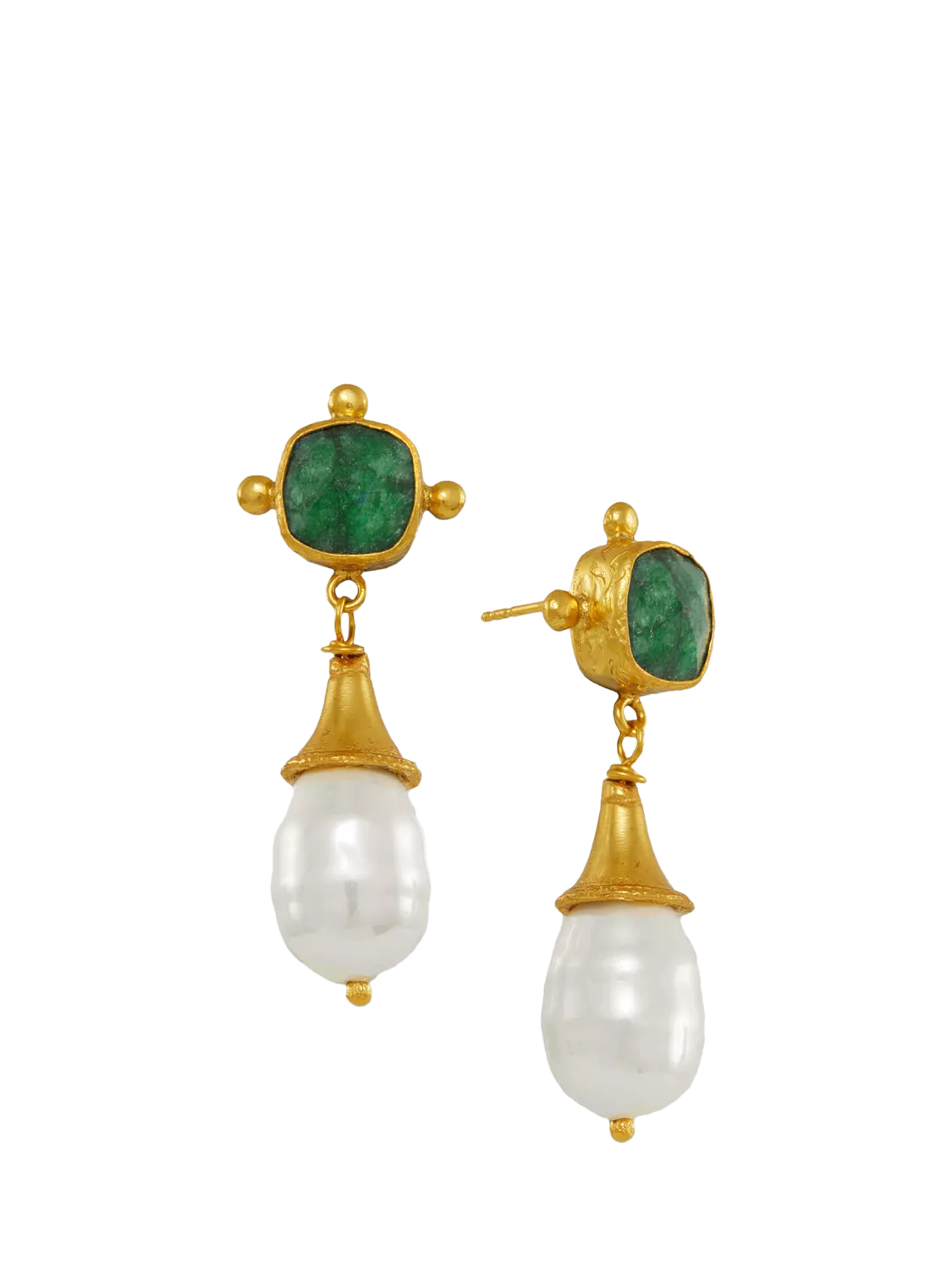 Ottoman Hands Esmeray emerald pearl drop stud earrings gold - British product