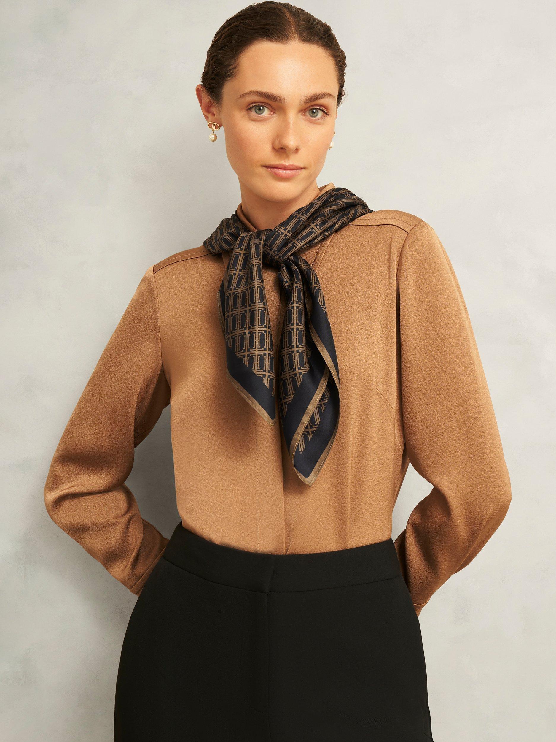 Hobbs pure silk scarf navy and camel abstract pattern 90cm - British product