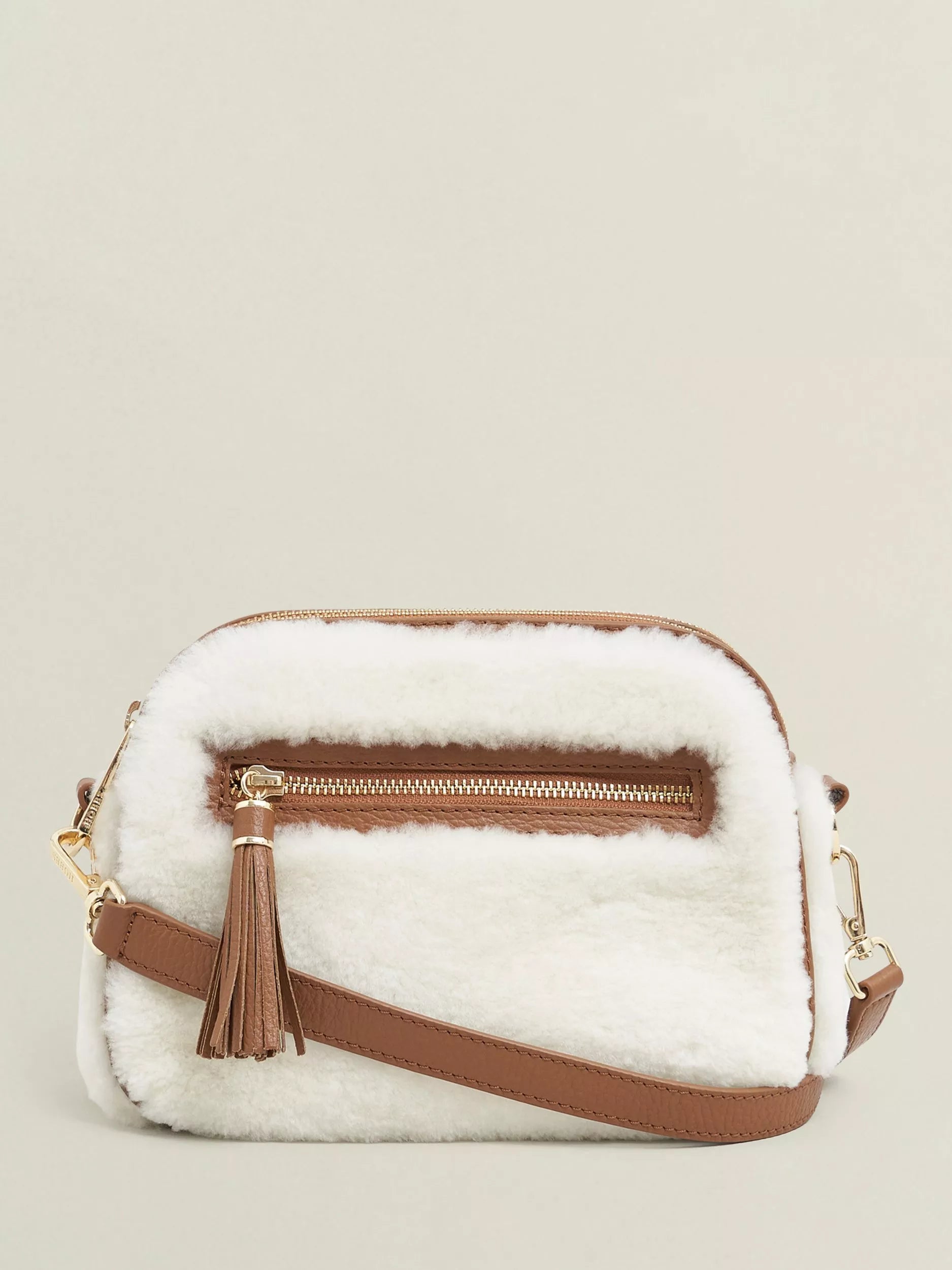 Hobbs Carlton shearling crossbody bag tan, imported from the UK