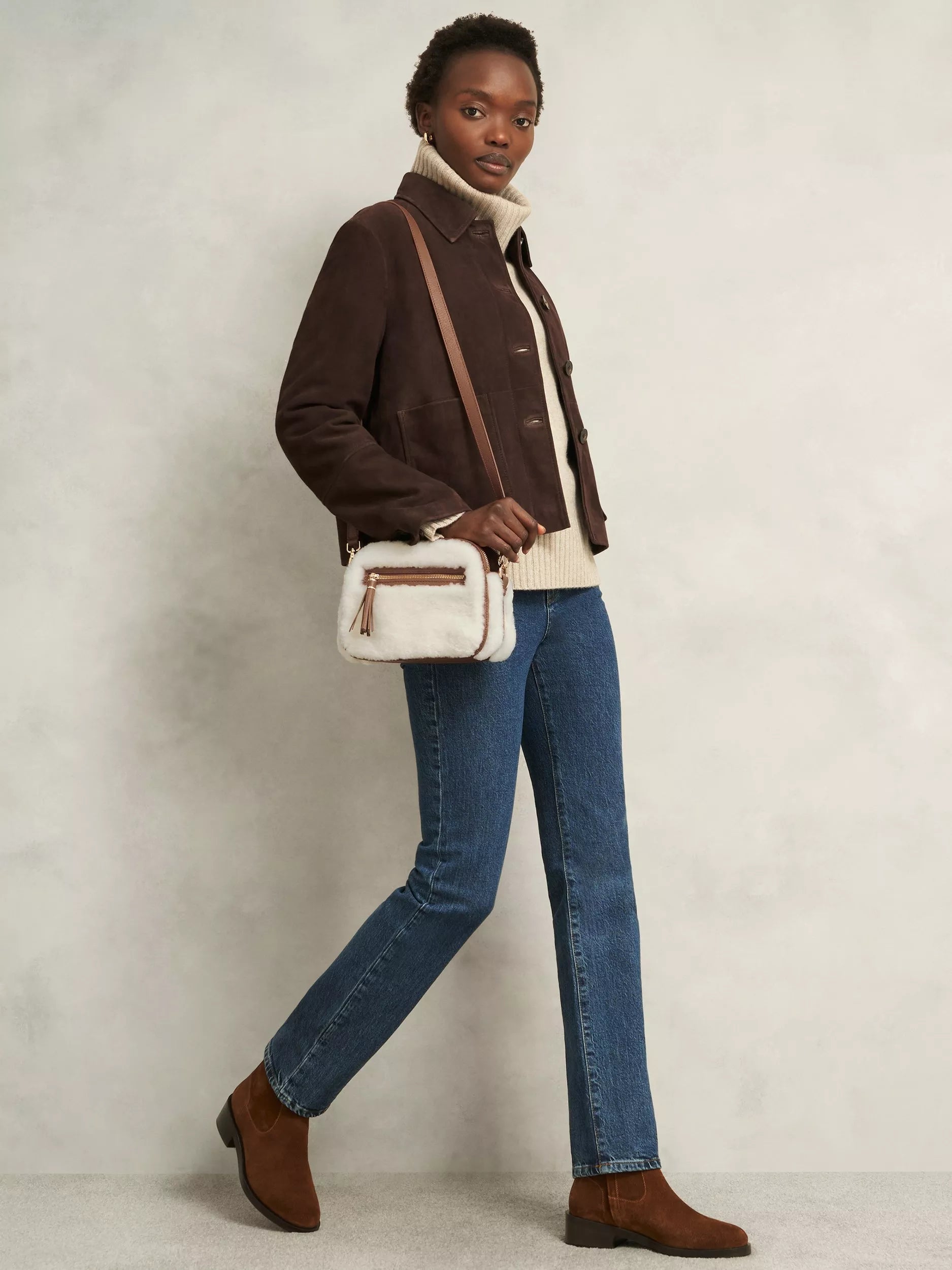Hobbs Carlton shearling crossbody bag tan, imported from the UK