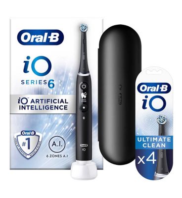 Oral-B iO6 Electric Toothbrush - Black Lava + iO™ Ultimate Clean Black Replacement Electric Toothbrush Heads 4 Pack Bundle