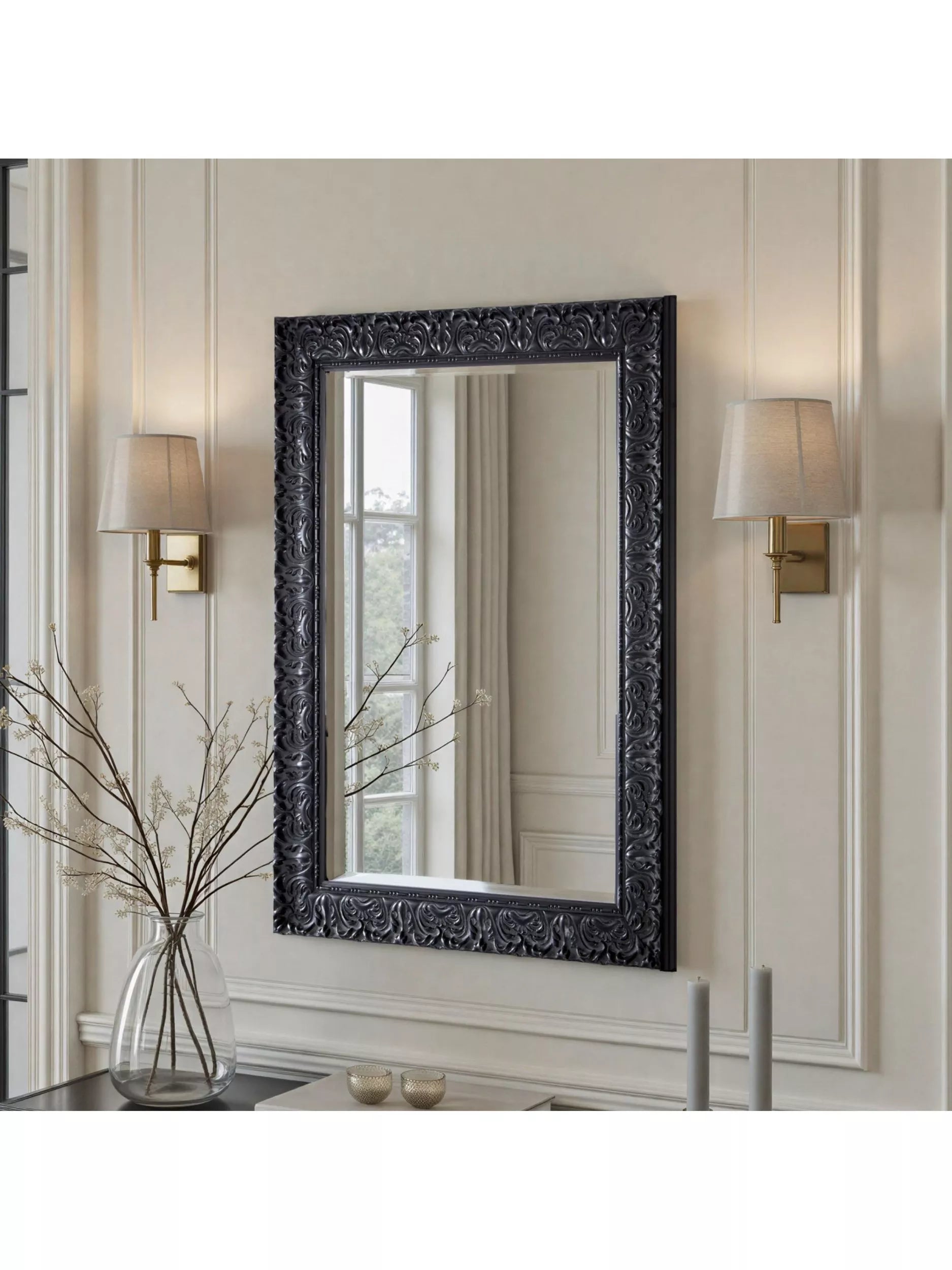Yearn black carved rectangular wall mirror 102cm (British brand)