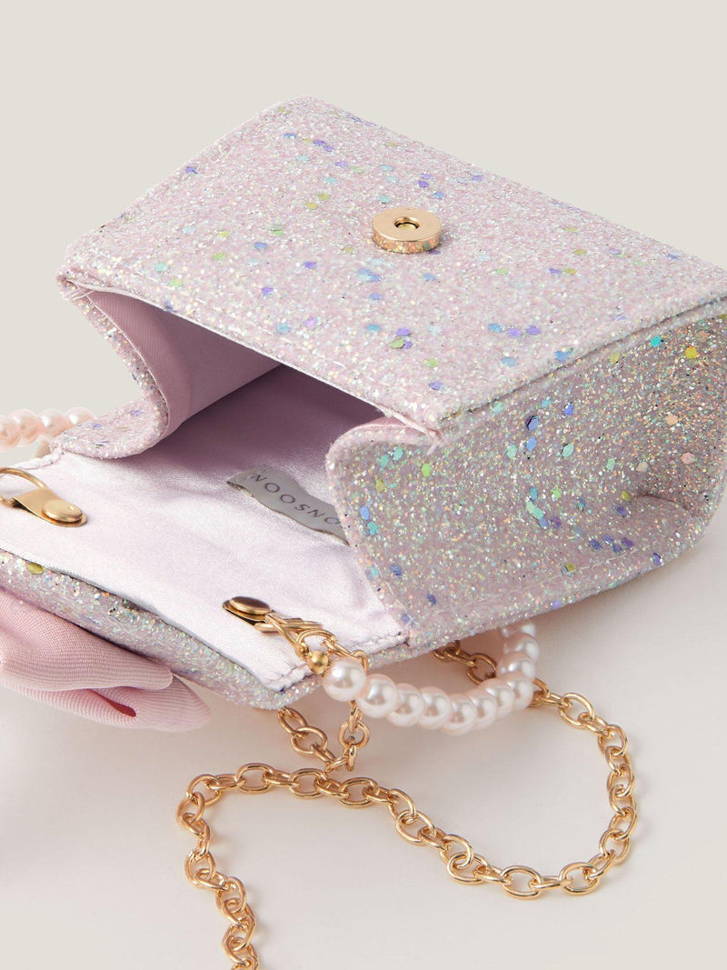 Monsoon kids' bow glitter bag in pink, UK version