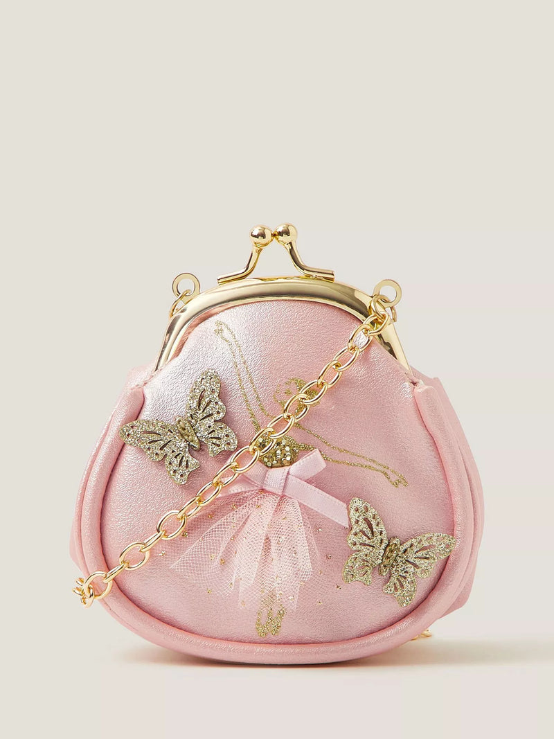 Monsoon kids' mini clip frame bag, pink with gold butterflies - British product
