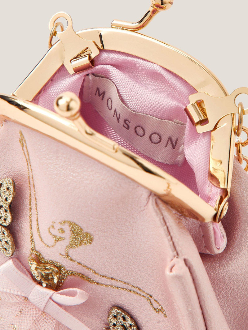 Monsoon kids' mini clip frame bag, pink with gold butterflies - British product