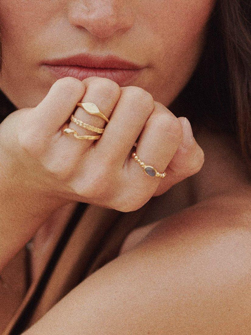 Daisy London labradorite textured stone ring gold plated, imported from the UK