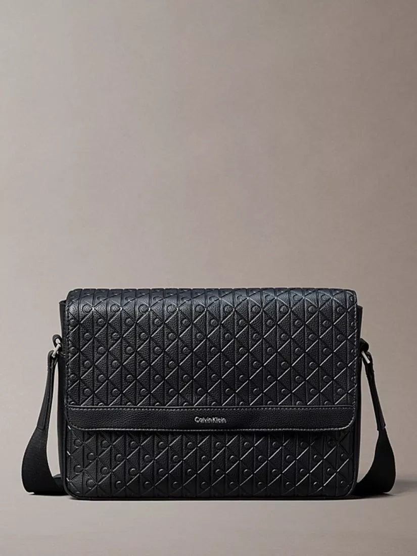 Calvin Klein Embossed Emblem Logo Flap Messenger Bag, Black