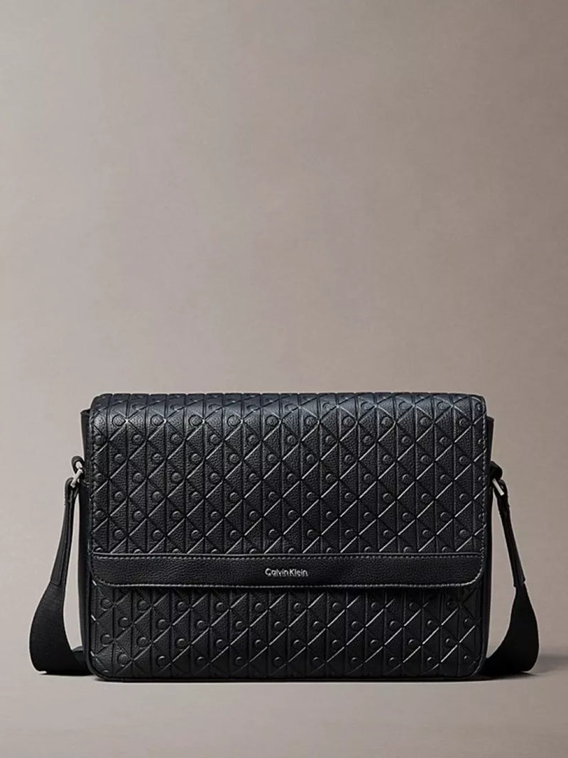 Calvin Klein Embossed Emblem Logo Flap Messenger Bag, Black