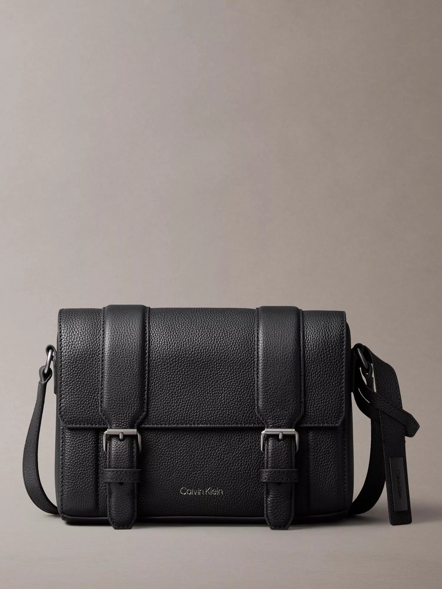 Calvin Klein Leather Flap Messenger Bag, Black