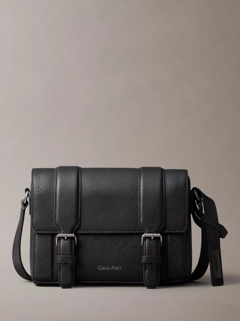 Calvin Klein Leather Flap Messenger Bag, Black