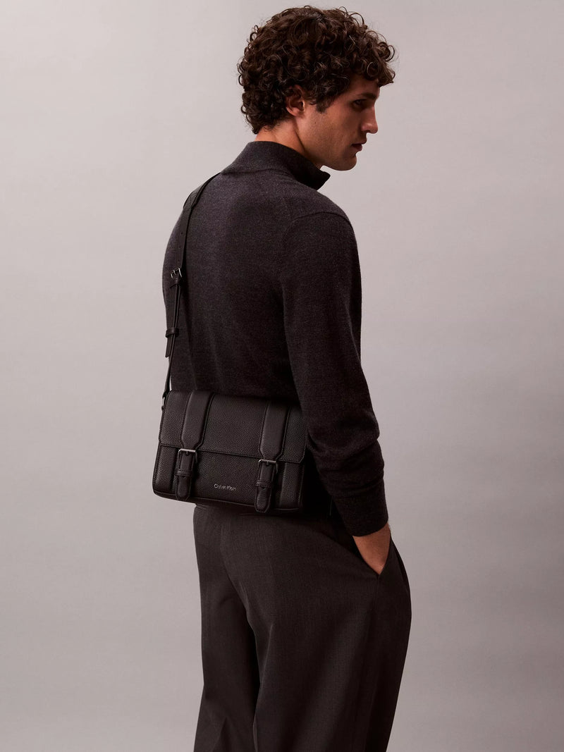Calvin Klein leather flap messenger bag black, UK version