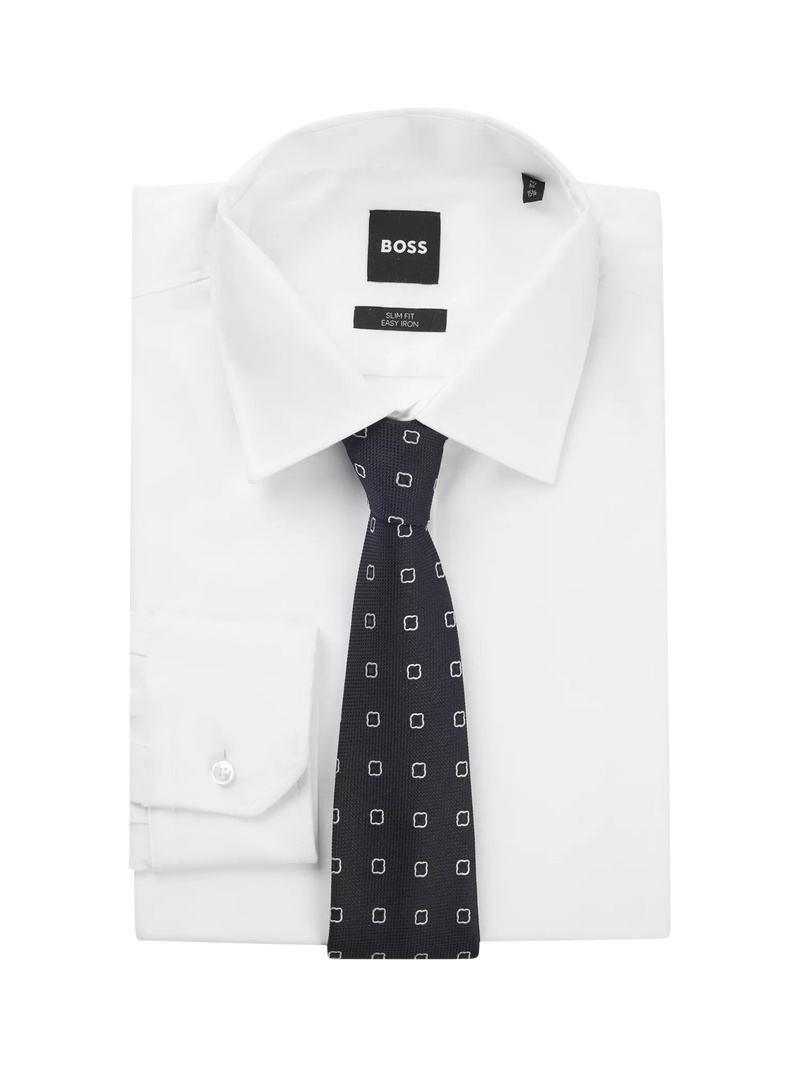 BOSS geometric silk blend tie dark blue, imported from the UK