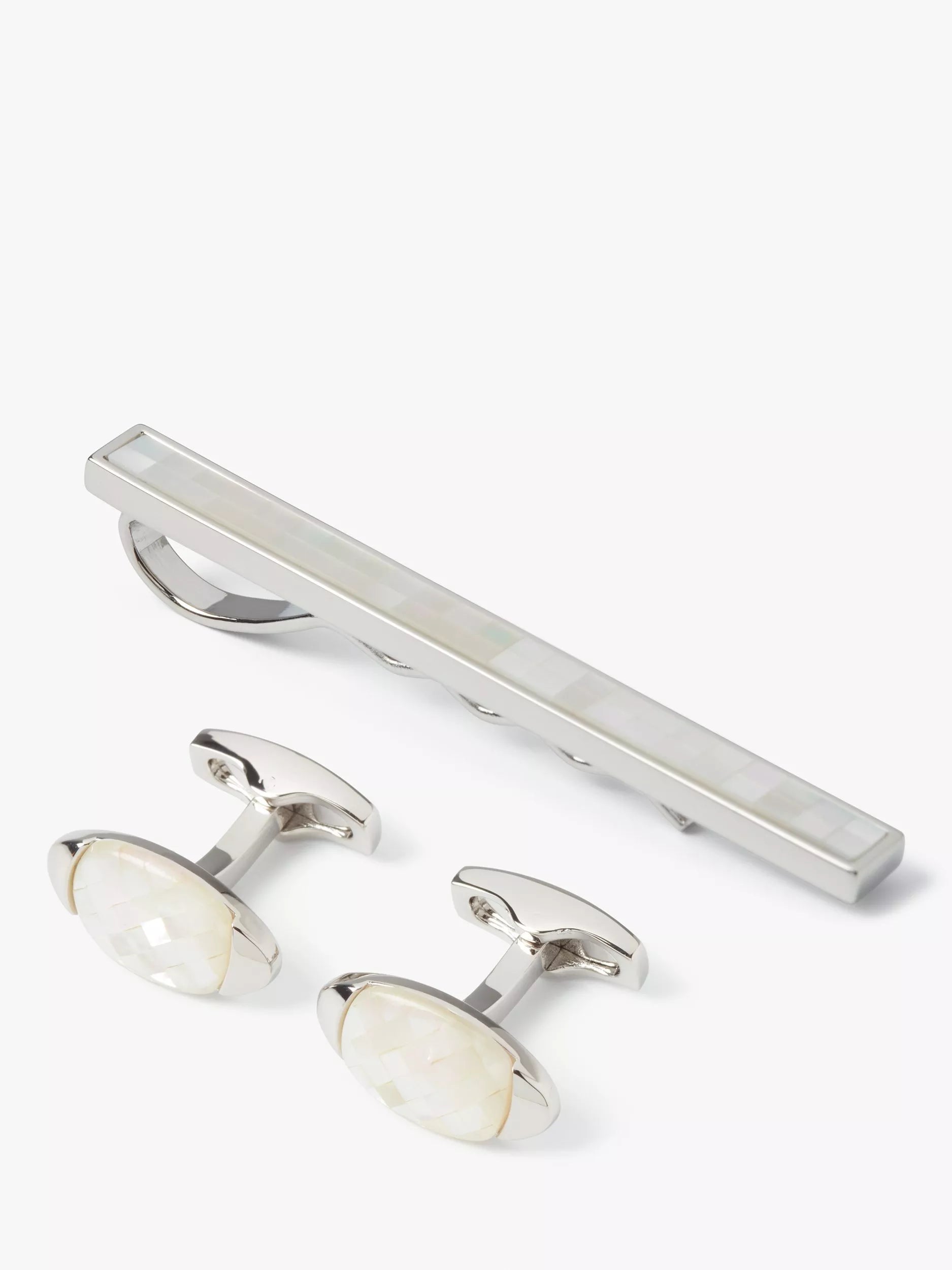 Simon Carter mother of pearl mosaic cufflinks and tie slide set, imported from the UK