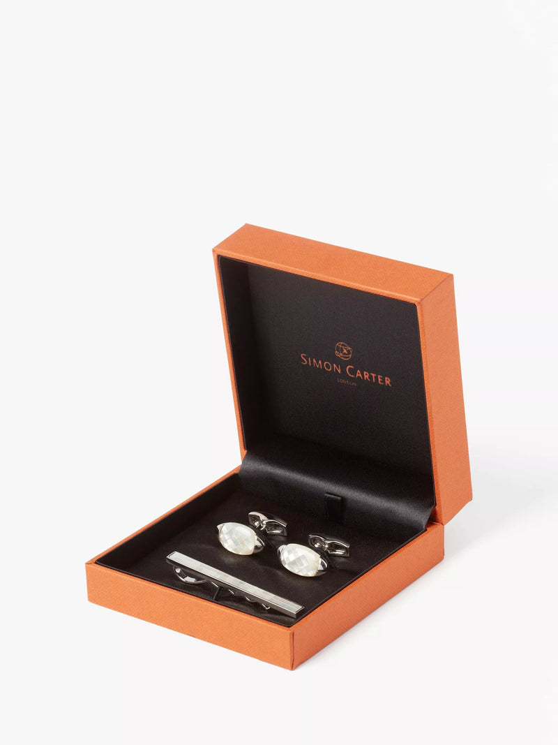 Simon Carter mother of pearl mosaic cufflinks and tie slide set, imported from the UK