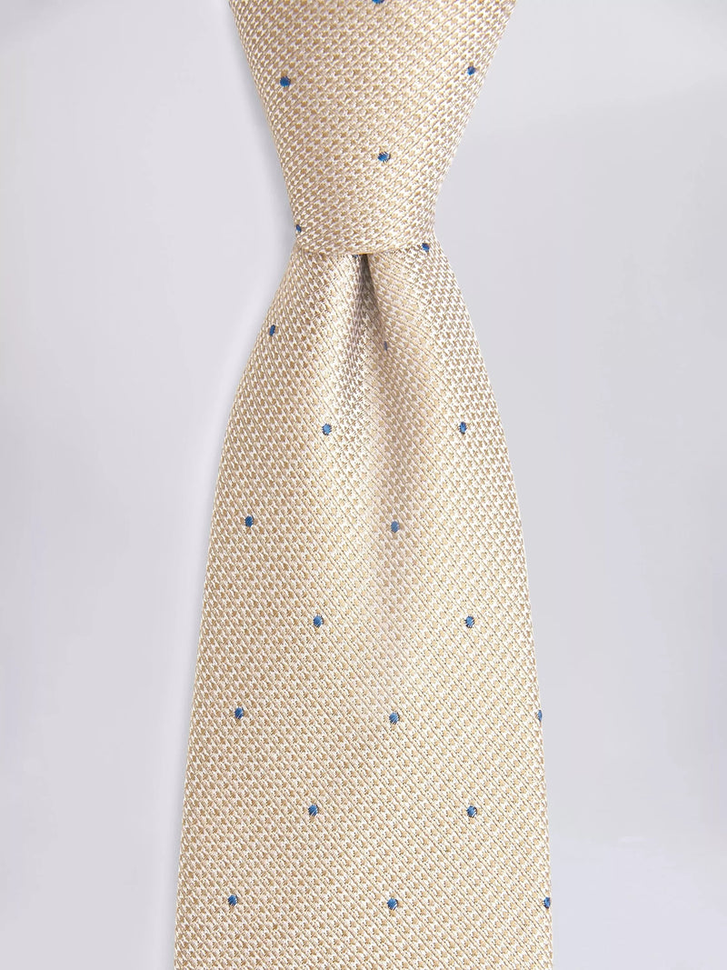 Moss champagne silk tie with blue spots, imported from the UK