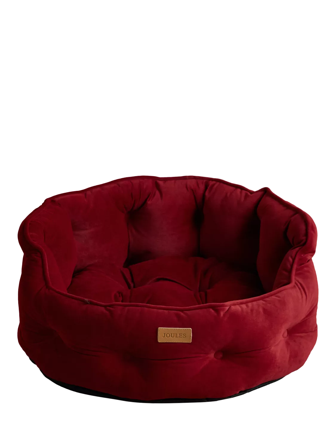 Joules Chesterfield padded pet bed in red burgundy, imported from the UK