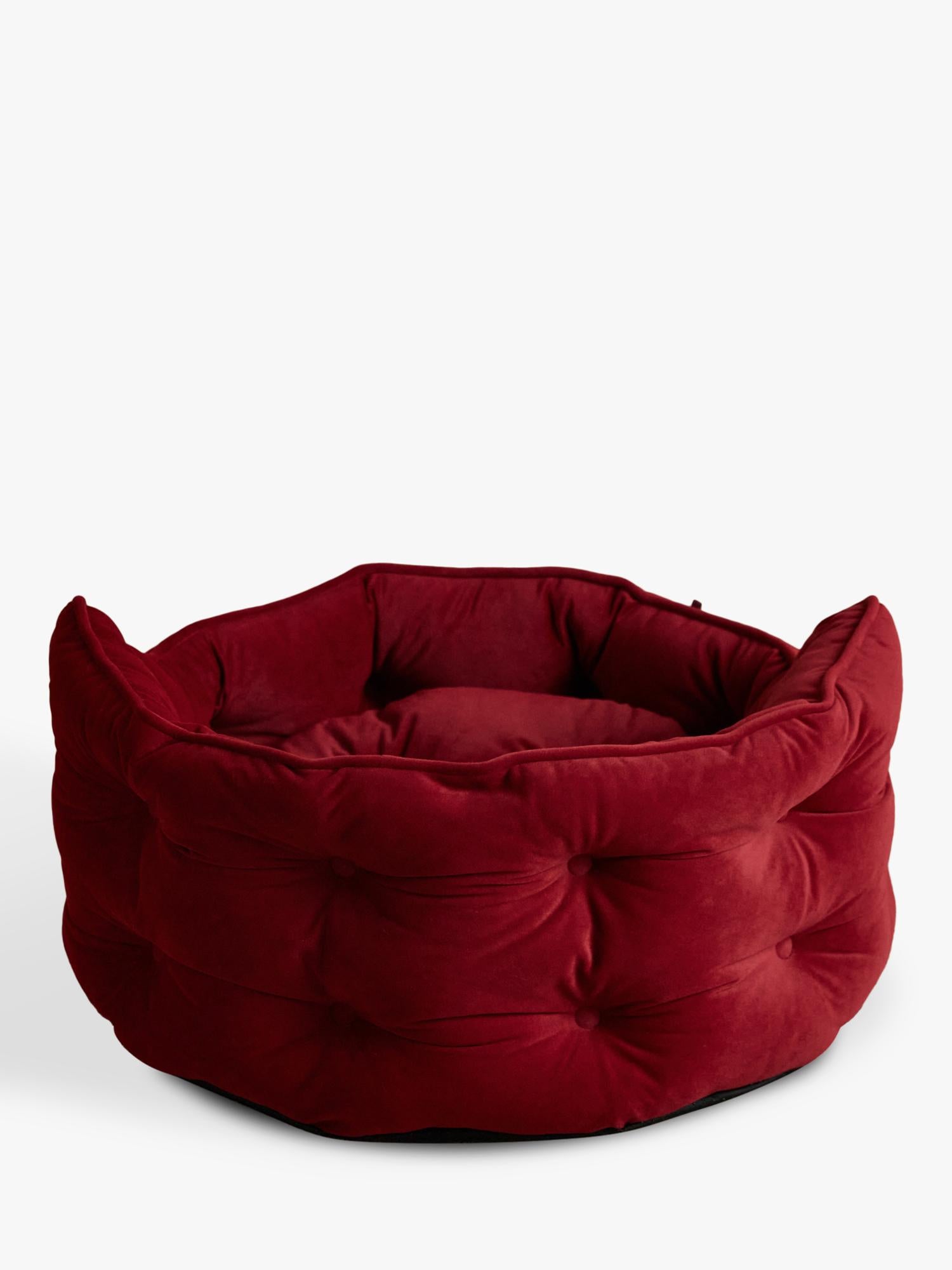 Joules Chesterfield padded pet bed in red burgundy, imported from the UK