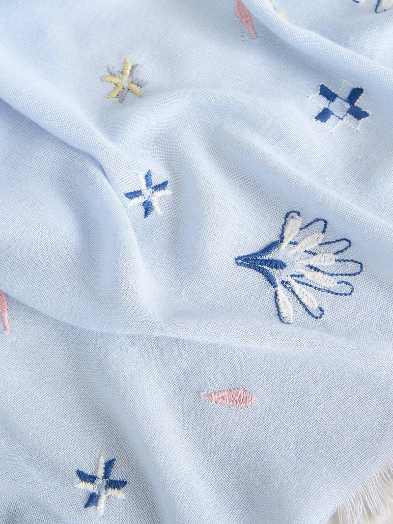 White Stuff embroidered scarf light blue, imported from the UK