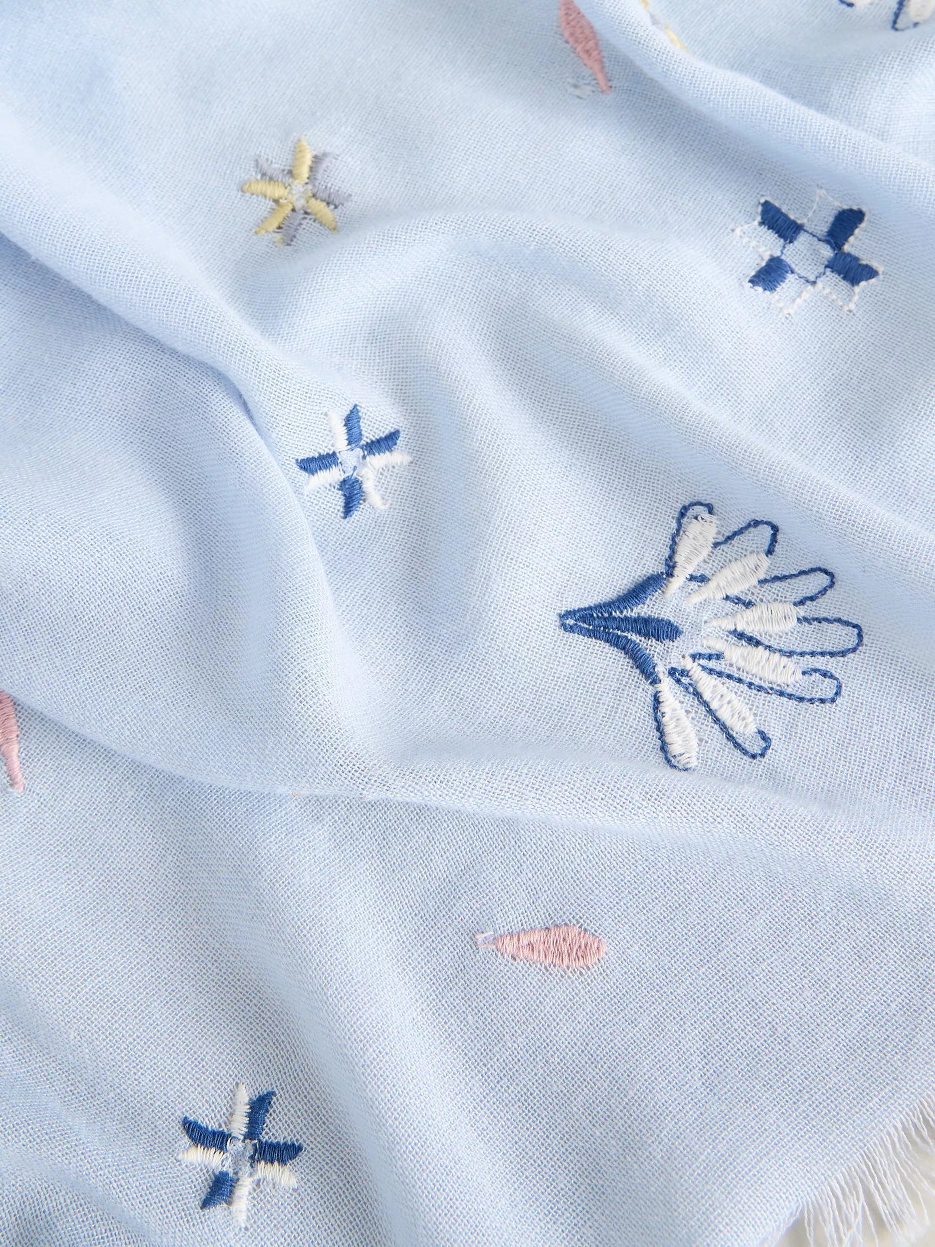 White Stuff embroidered scarf light blue, imported from the UK