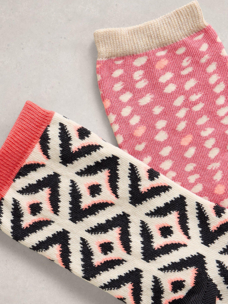 White Stuff geo print ankle socks pack of 2 pink multi (British brand)