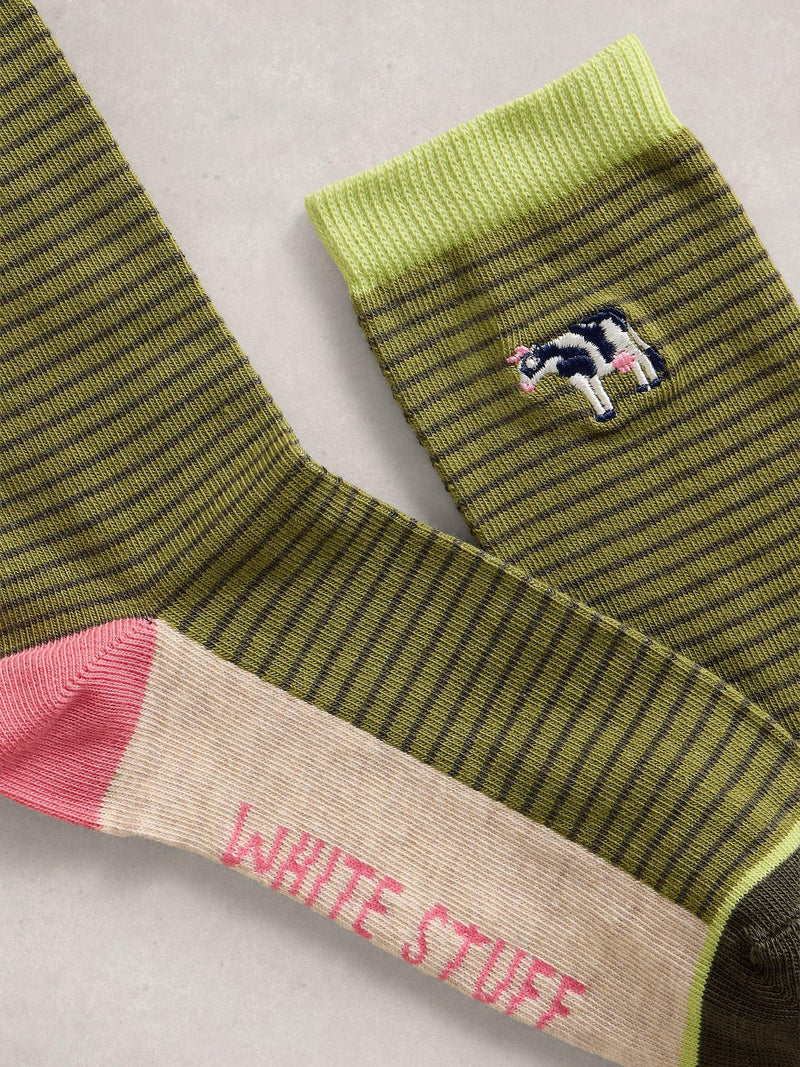 White Stuff green cow embroidered ankle socks (British brand)