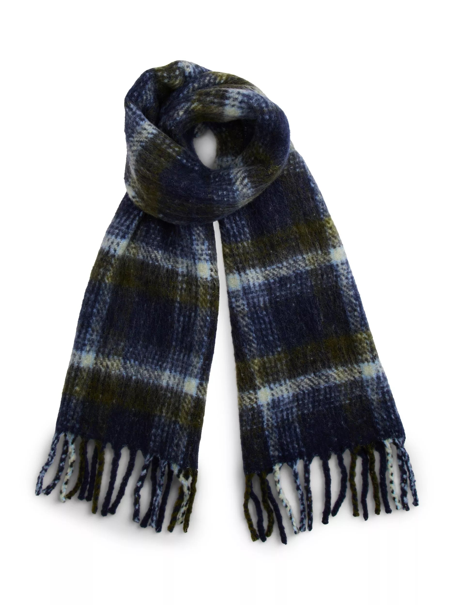 Tommy Hilfiger blue multi check wool blend scarf, imported from the UK