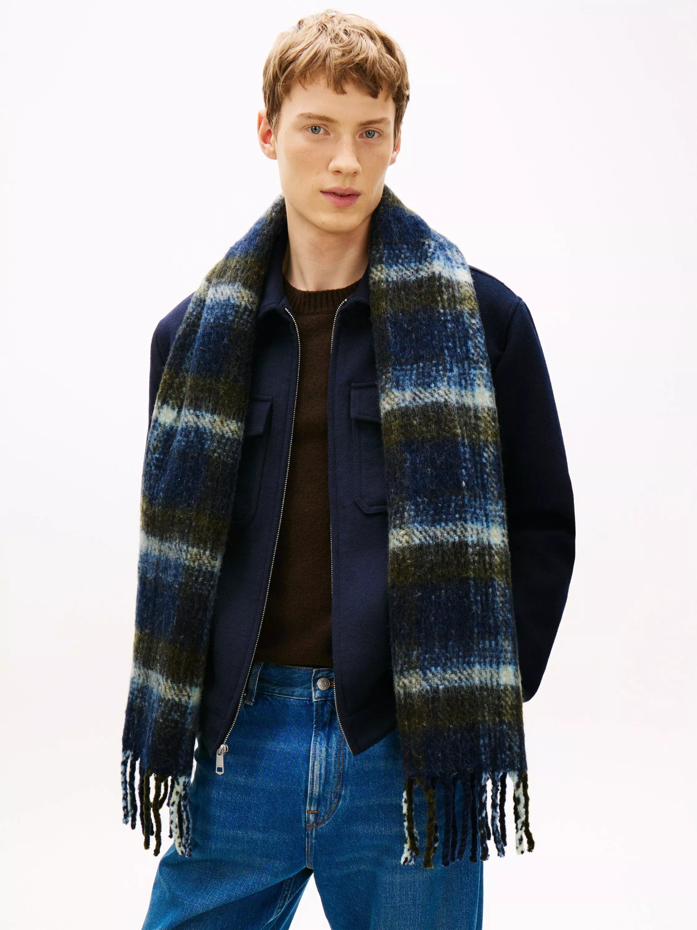 Tommy Hilfiger blue multi check wool blend scarf, imported from the UK