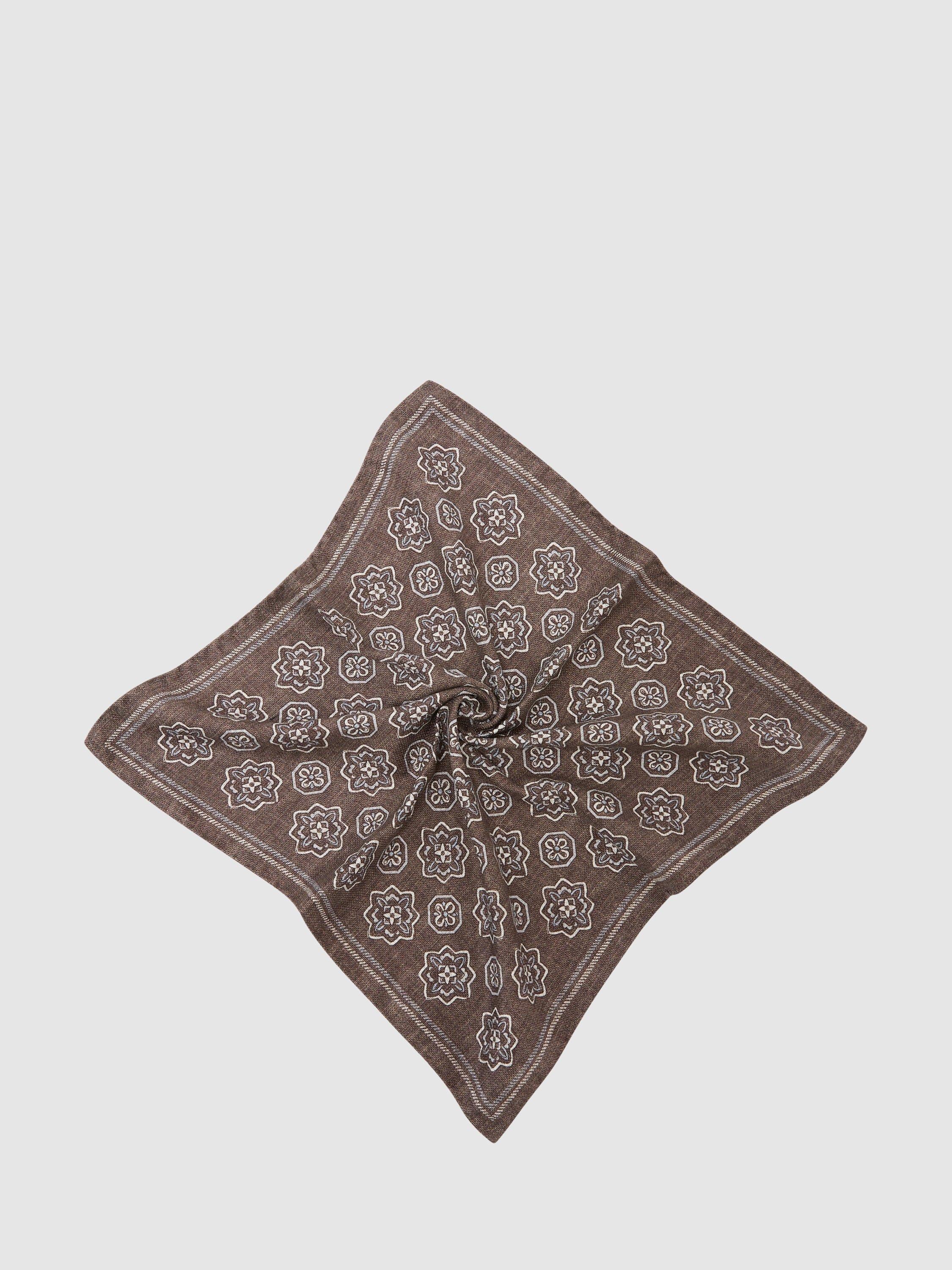 Reiss pocket square Chocolate Brown floral medallion silk (British brand)