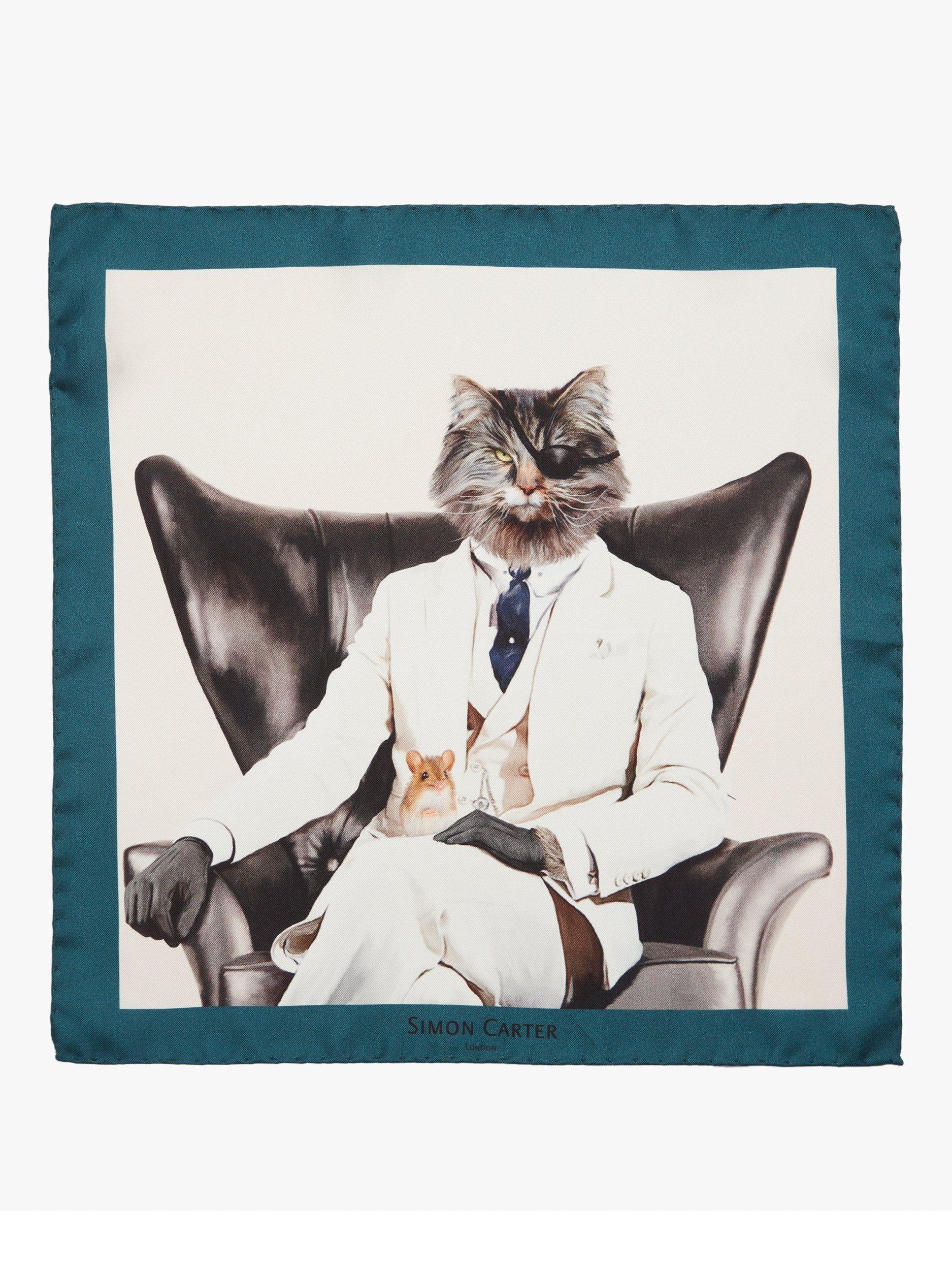 Simon Carter pocket square evil cat blue multi, imported from the UK