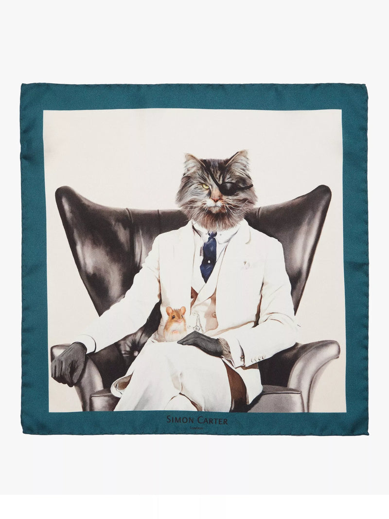 Simon Carter pocket square evil cat blue multi, imported from the UK