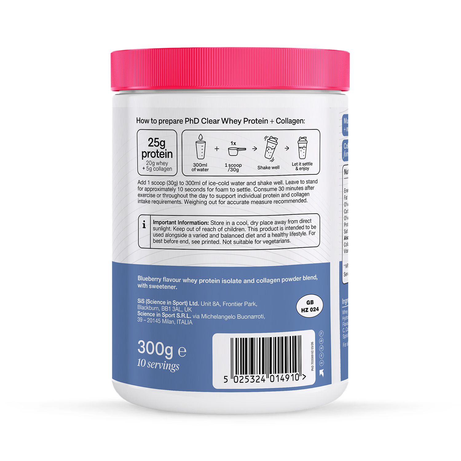 PHD Clear Whey Collagen Blueberry 300g, imported from the UK