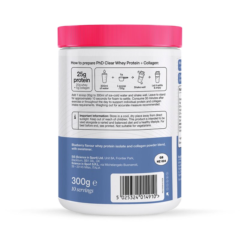 PHD Clear Whey Collagen Blueberry 300g, imported from the UK