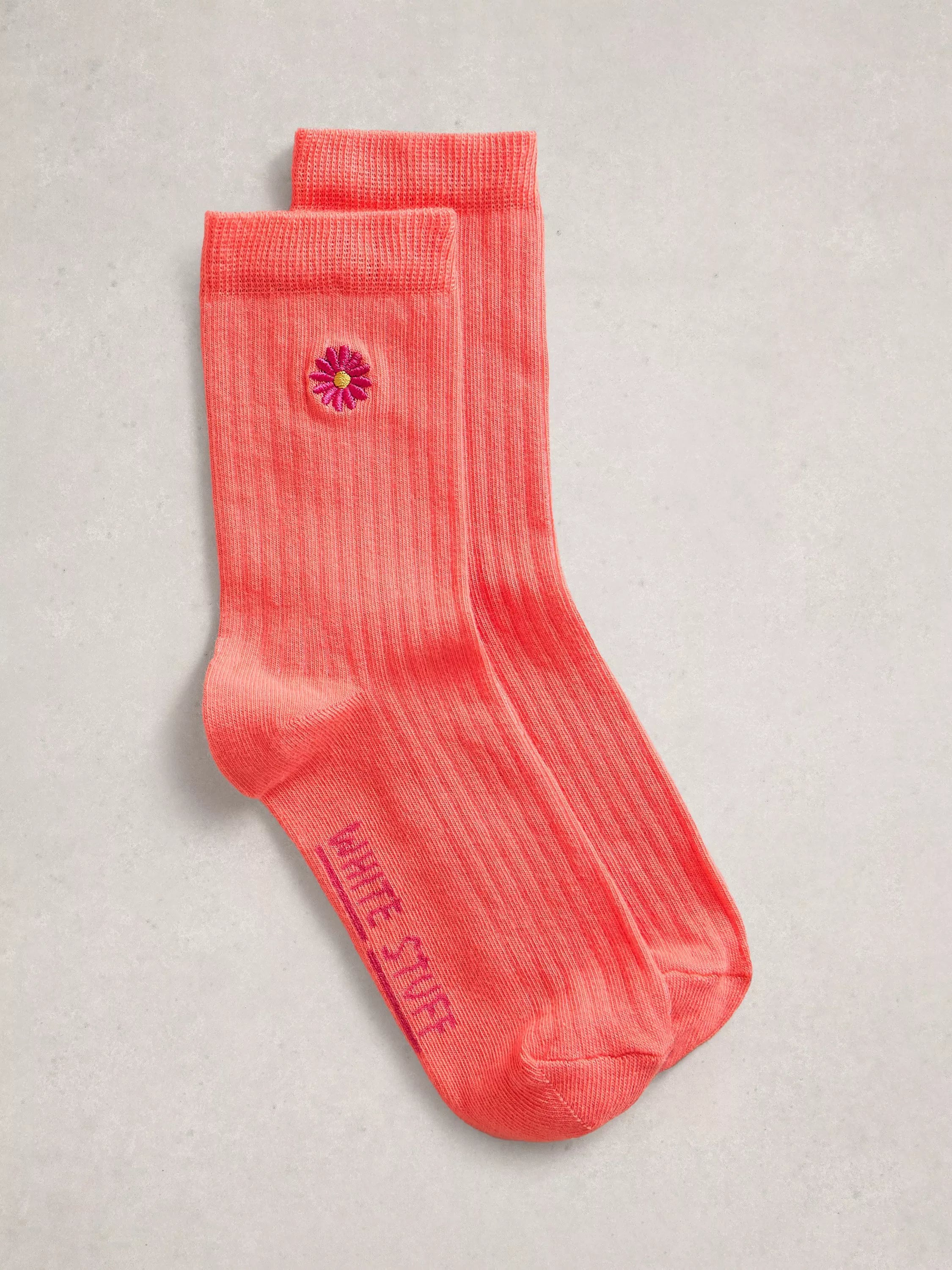 White Stuff embroidered flower ribbed socks orange - British product