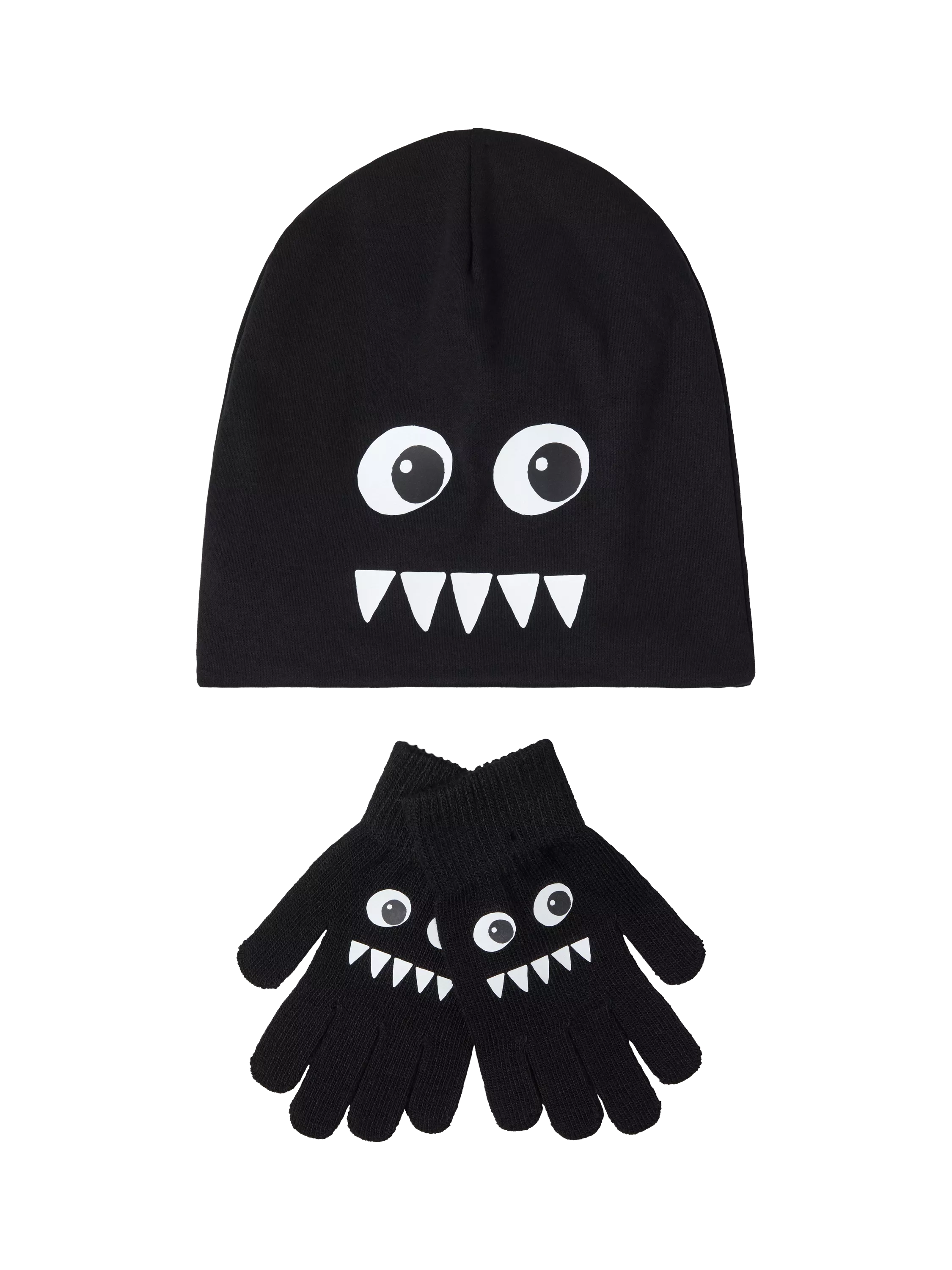 Lindex glow-in-the-dark beanie and gloves set black (British brand)
