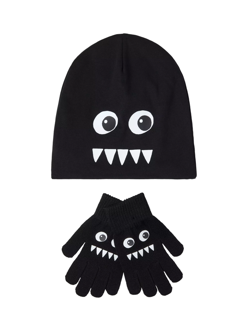 Lindex glow-in-the-dark beanie and gloves set black (British brand)
