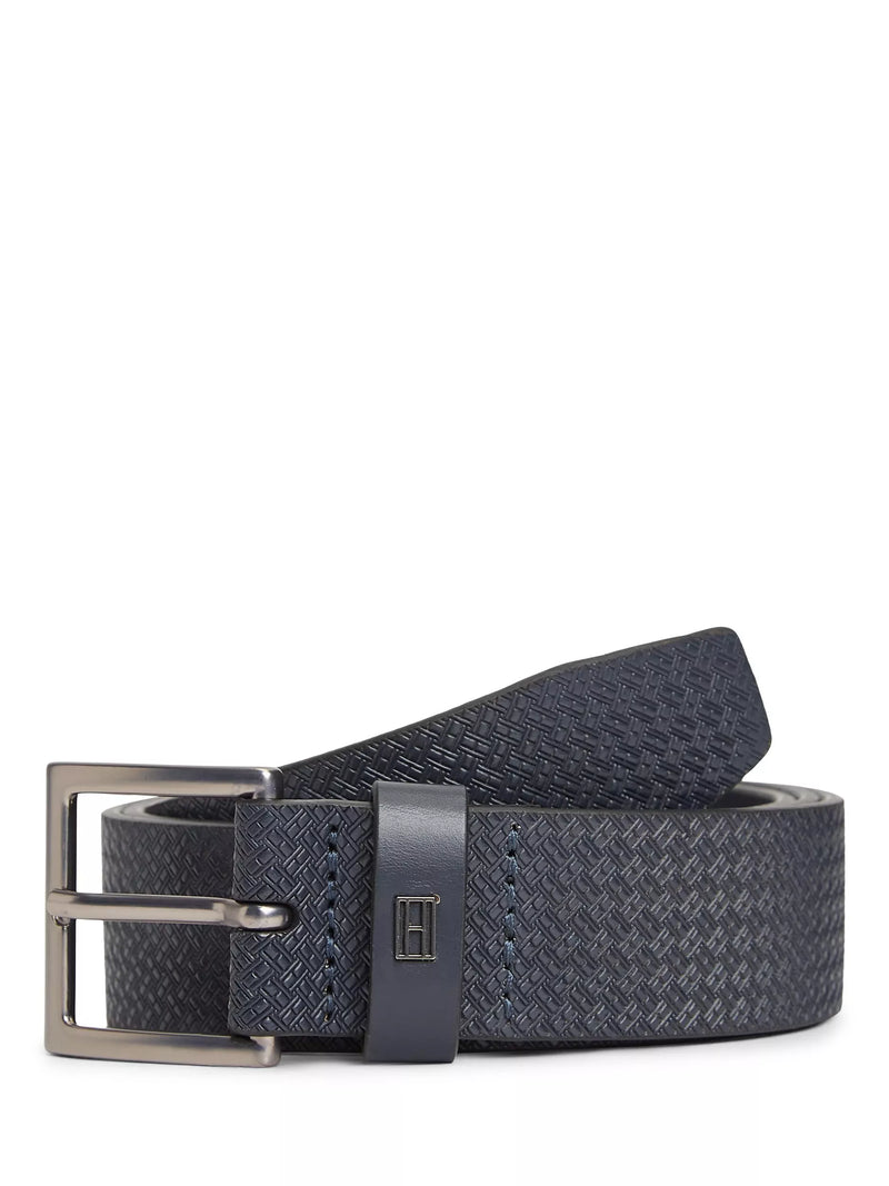 Tommy Hilfiger All Over Flag Print Leather Belt, Midnight Blue, 80cm