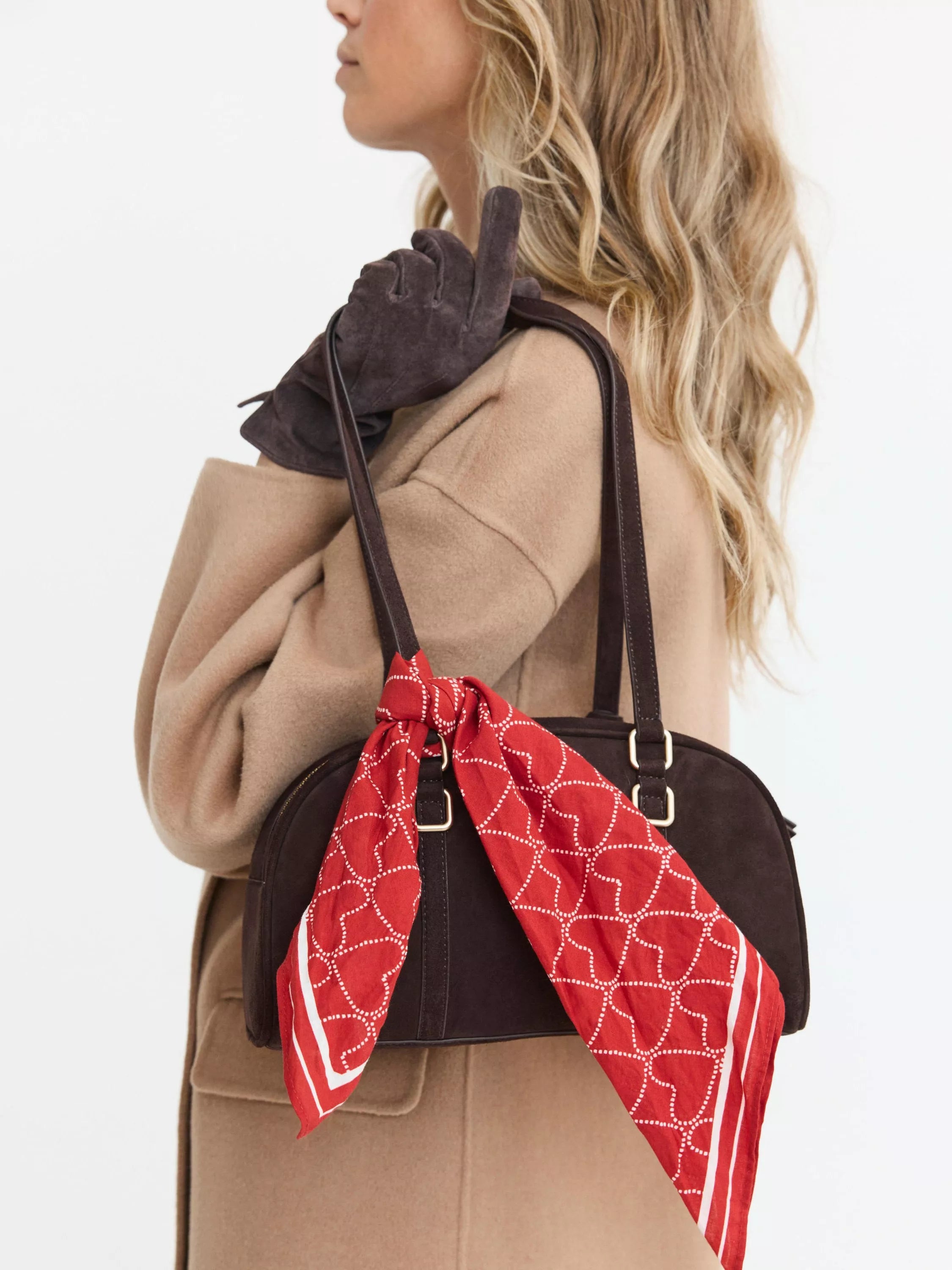 Mint Velvet suede crescent shoulder bag brown, imported from the UK