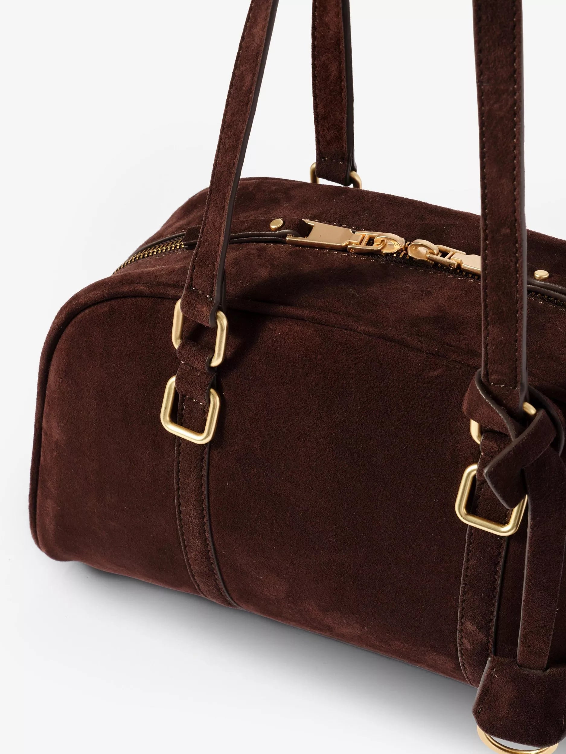 Mint Velvet suede crescent shoulder bag brown, imported from the UK