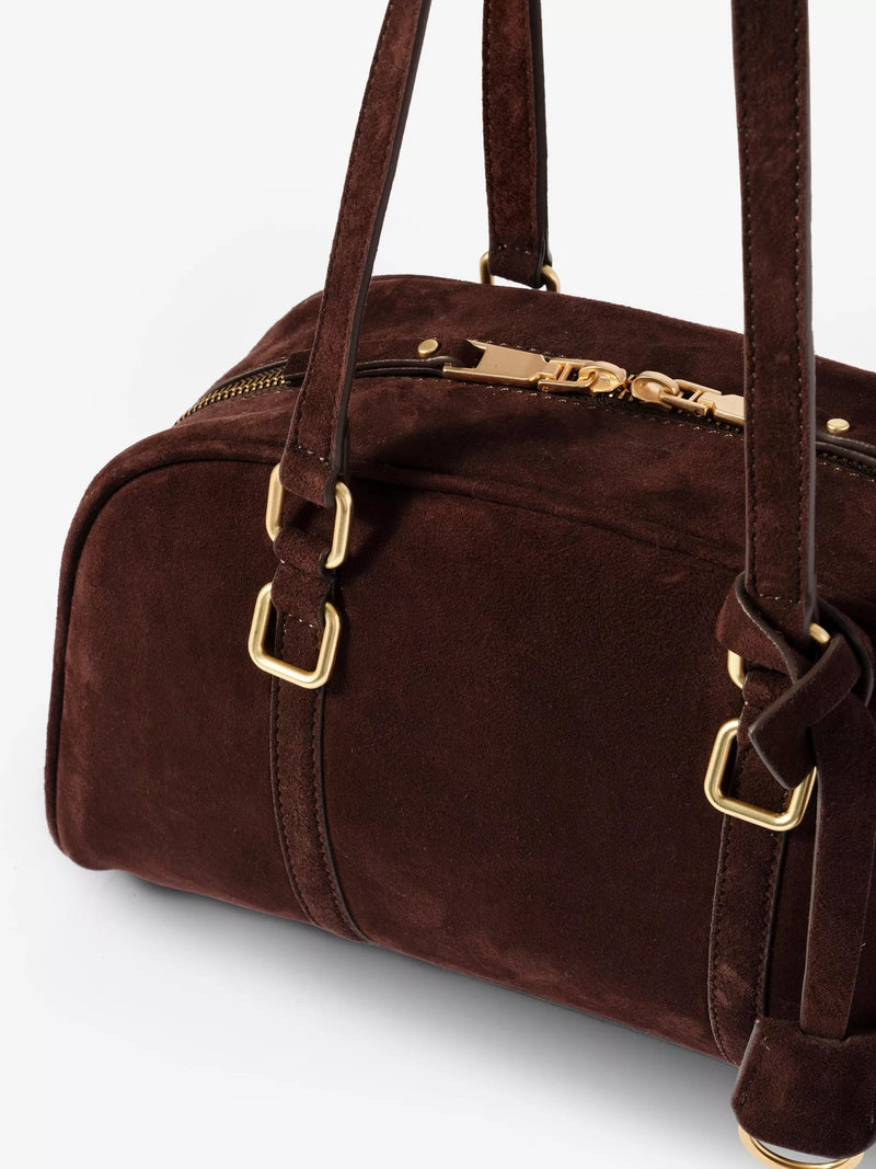 Mint Velvet suede crescent shoulder bag brown, imported from the UK