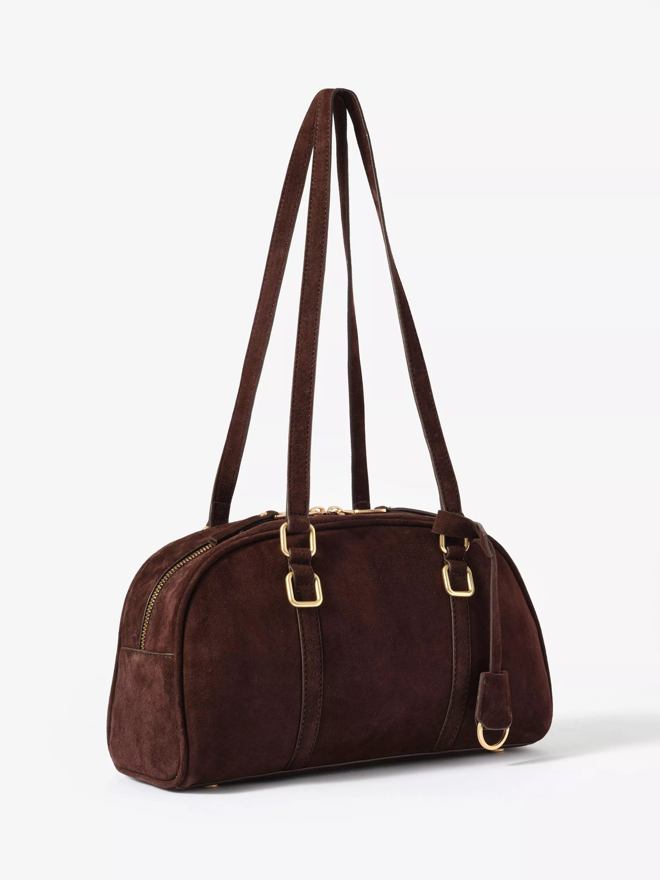 Mint Velvet suede crescent shoulder bag brown, imported from the UK