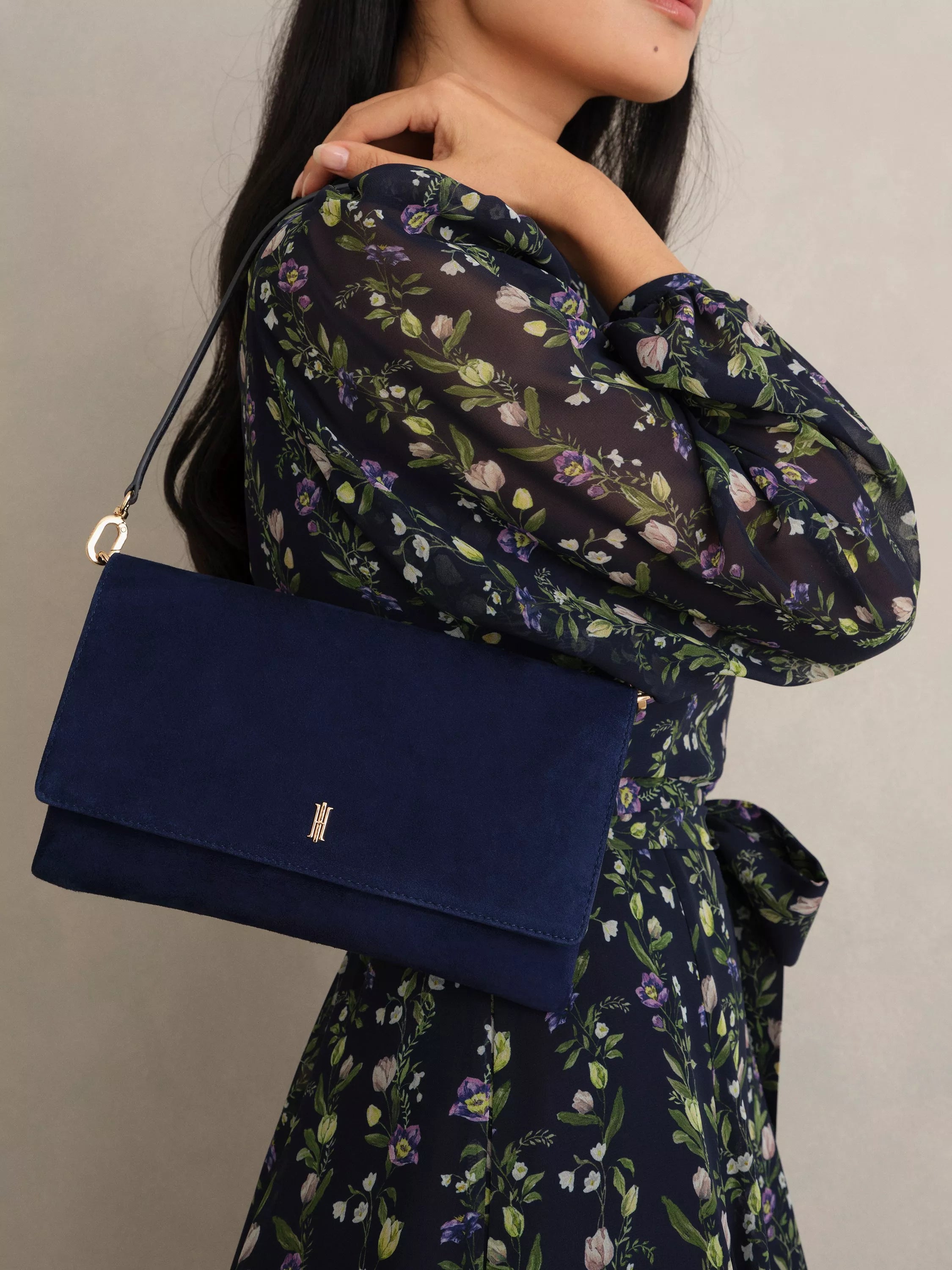 Hobbs Ashley Pure Suede Clutch Bag Midnight Navy, UK version