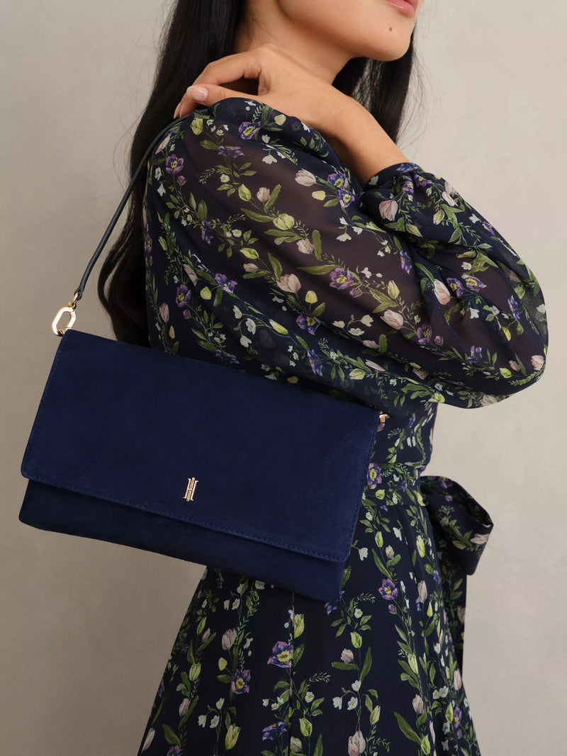 Hobbs Ashley Pure Suede Clutch Bag Midnight Navy, UK version