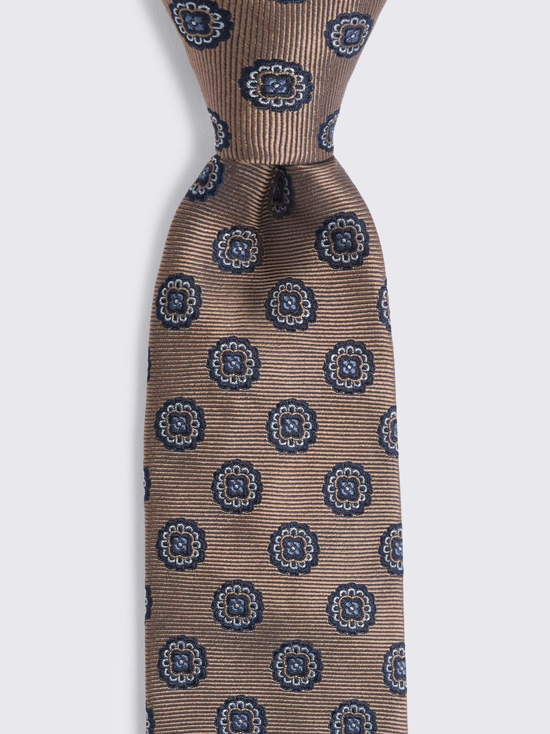 Moss silk tie medallion pattern bronze navy (British brand)