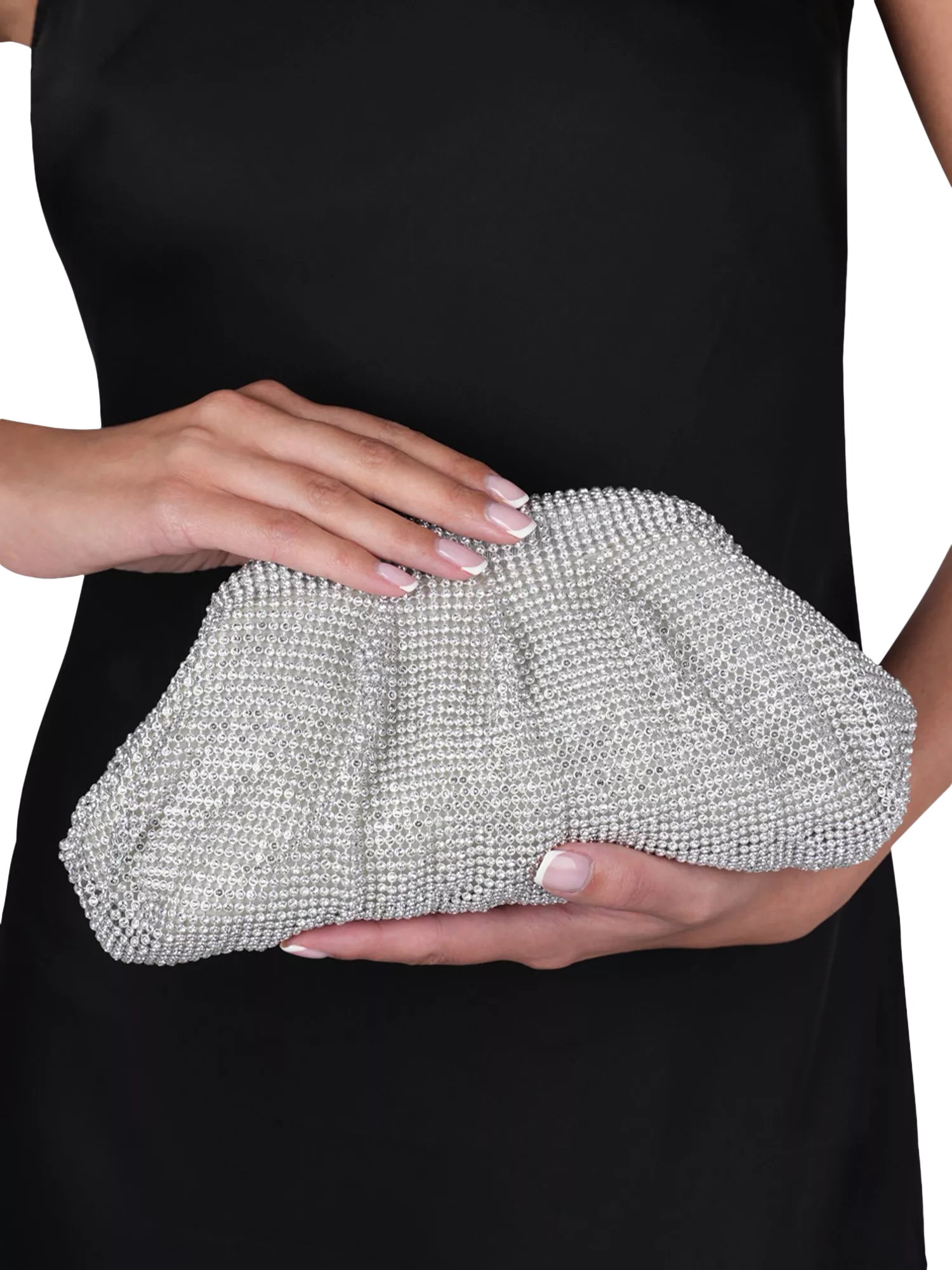 Paradox London silver ruched clutch bag with diamante details (British brand)