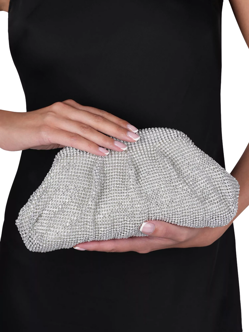 Paradox London silver ruched clutch bag with diamante details (British brand)