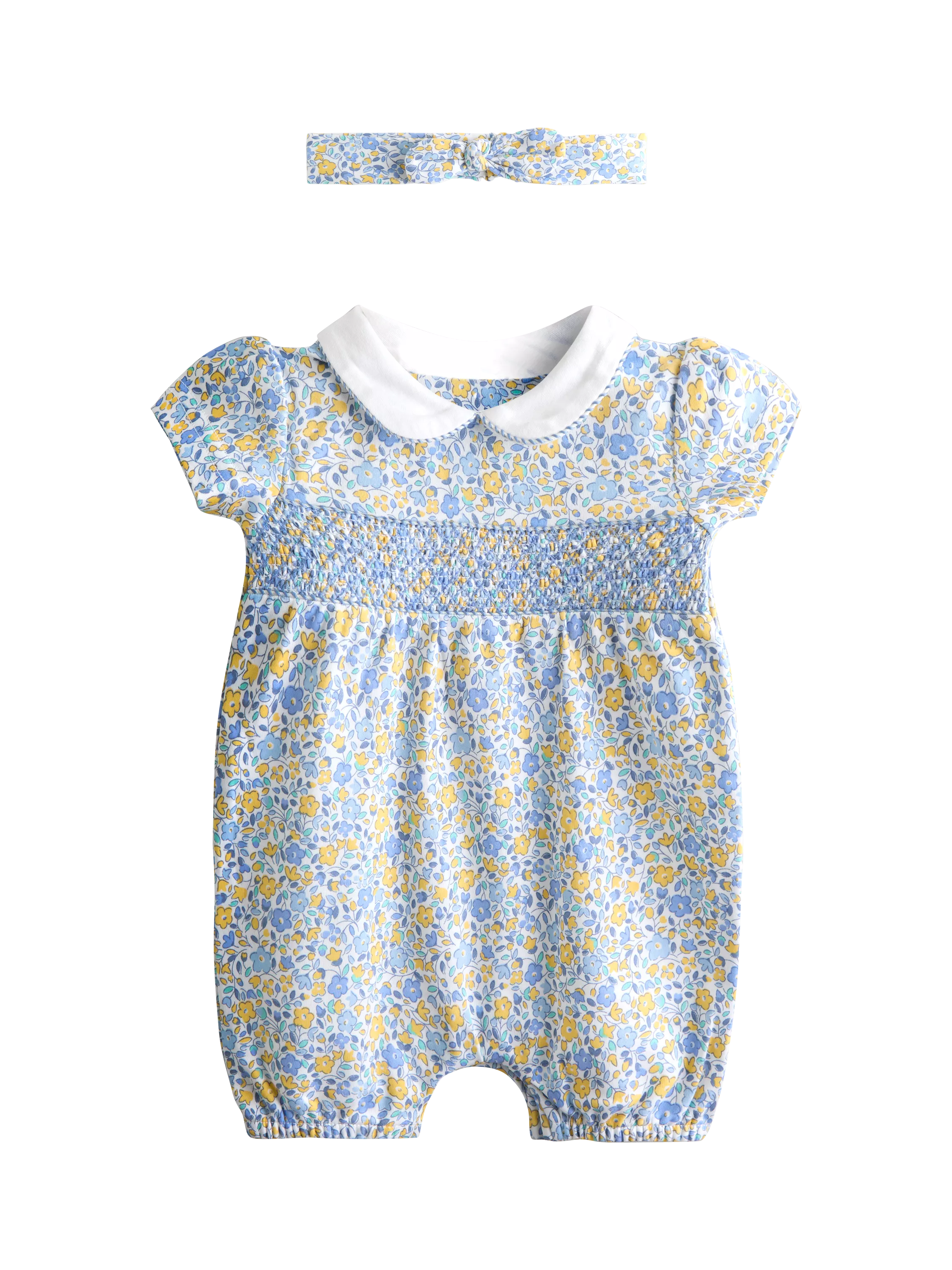 JoJo Maman Bébé baby romper set light blue floral smocked, imported from the UK