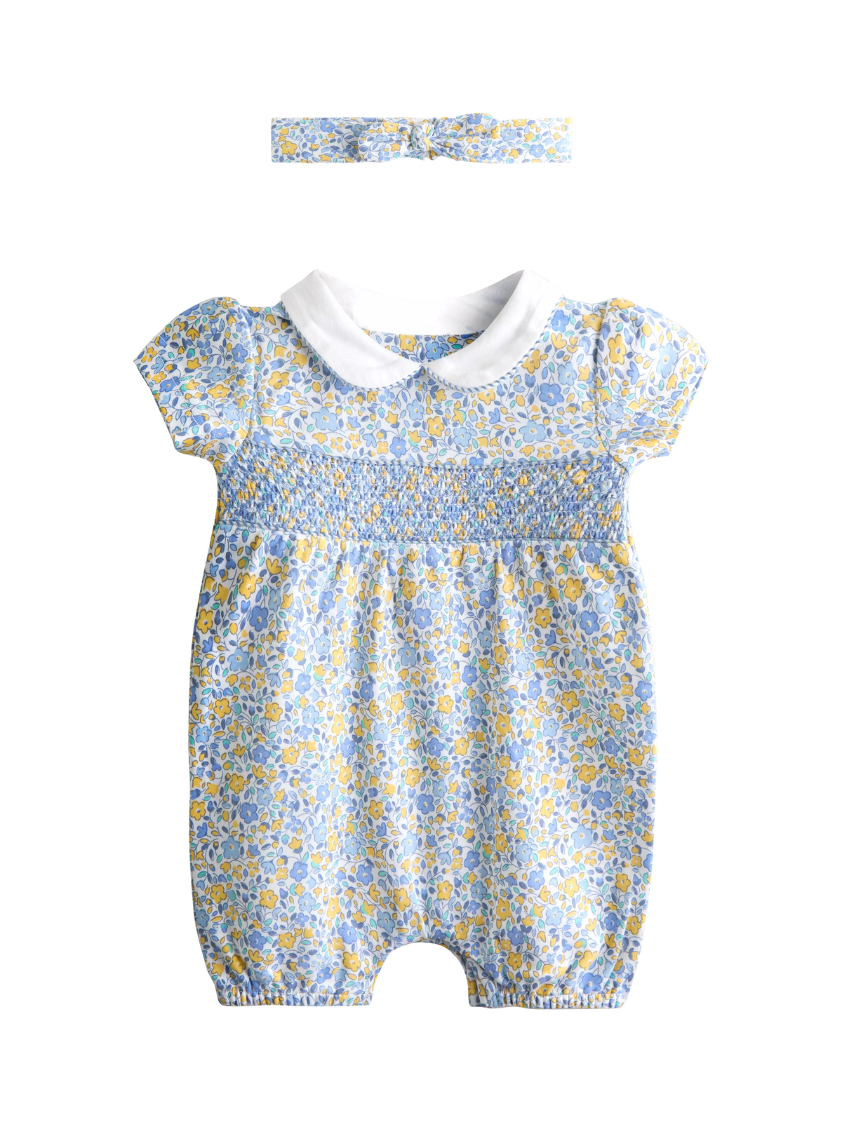 JoJo Maman Bébé baby romper set light blue floral smocked, imported from the UK