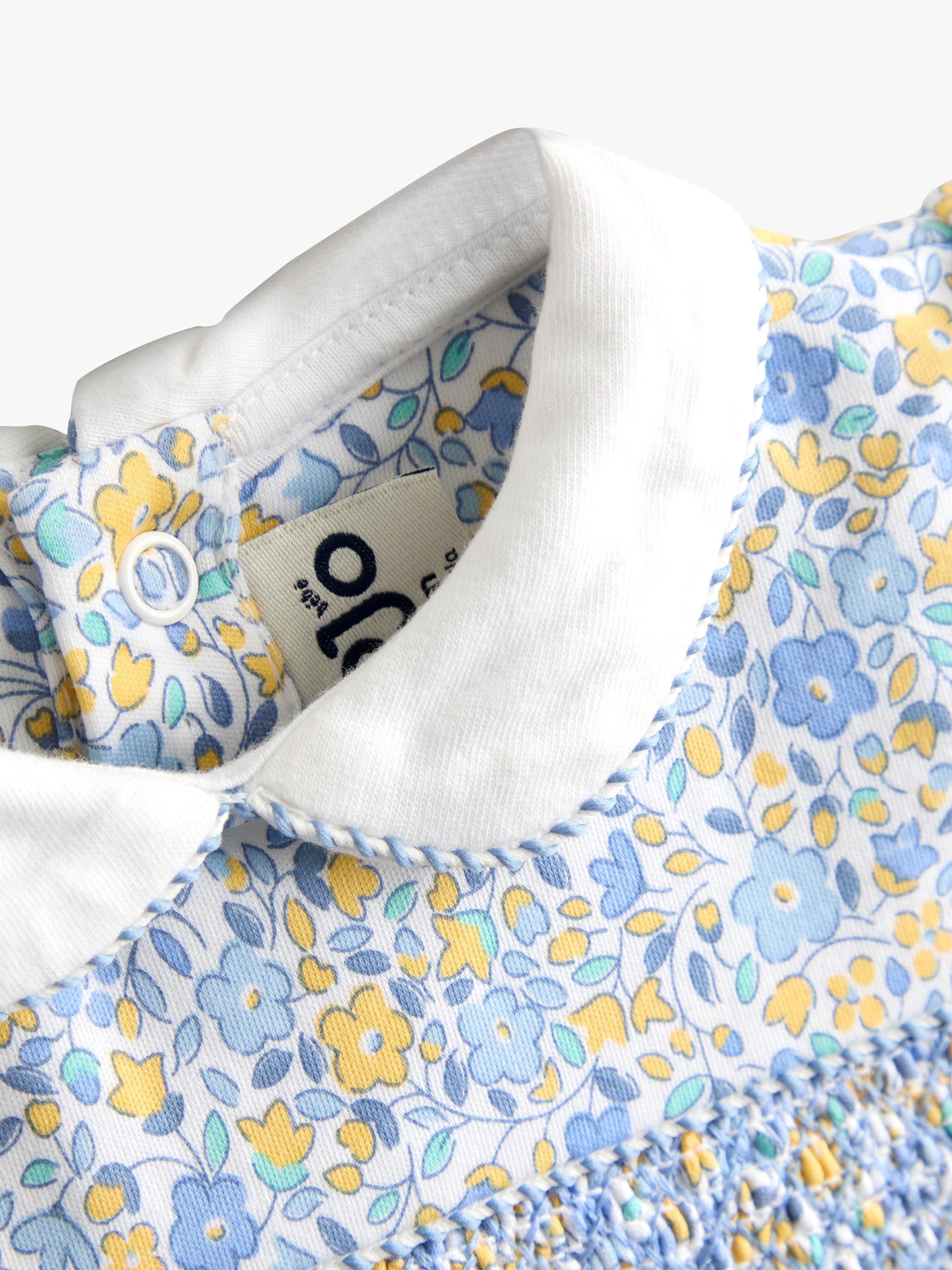 JoJo Maman Bébé baby romper set light blue floral smocked, imported from the UK